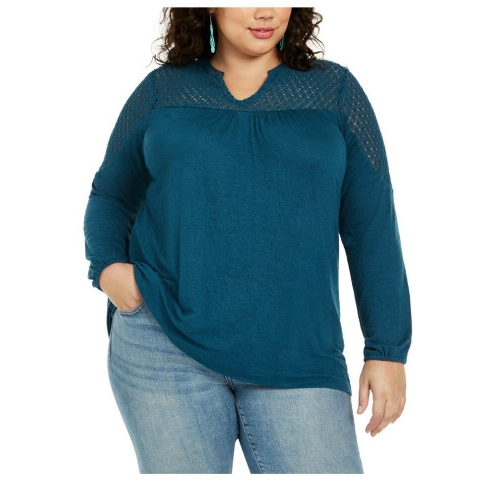 Style & Co Women's Long Sleeve Crochet-Trim Top Dark Kale Color plus Size 3X